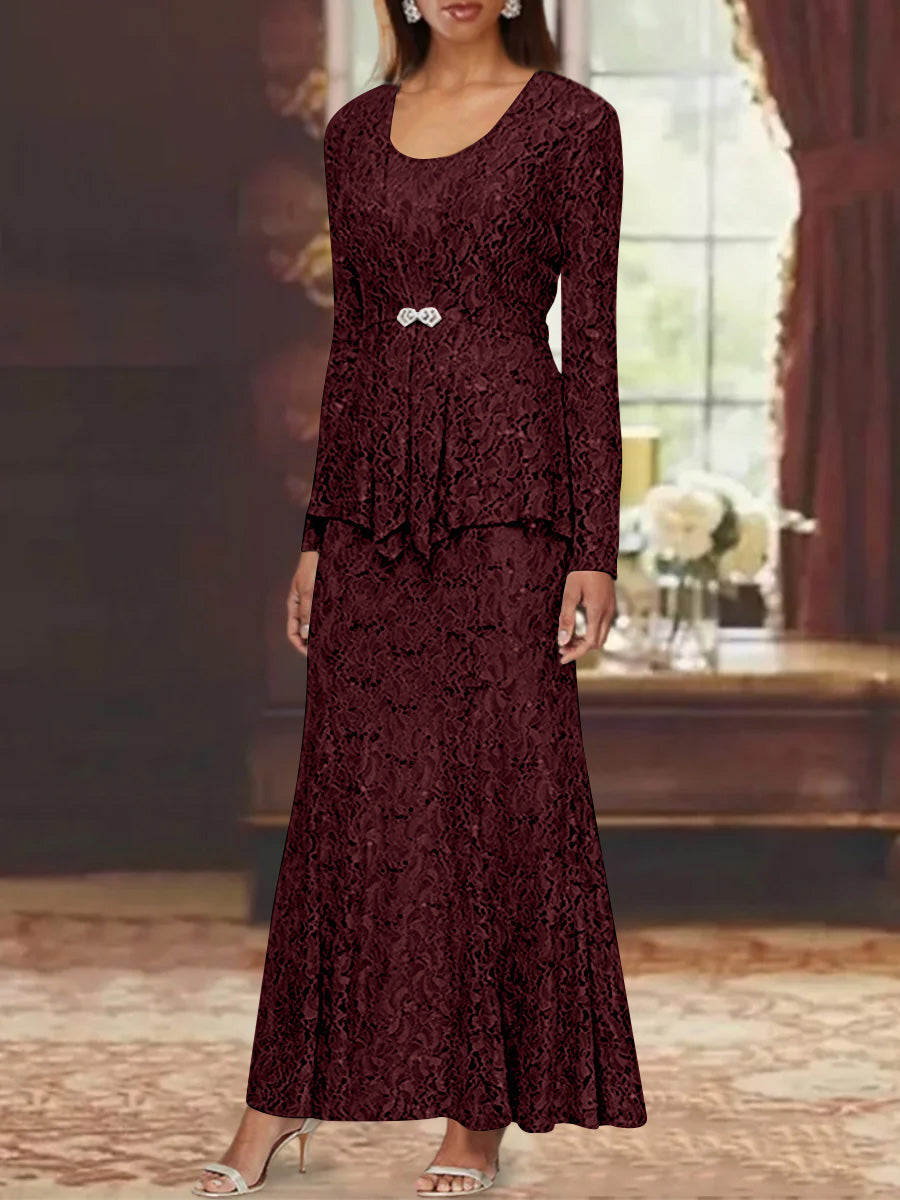 A-Line/Princess 2 Pieces Scoop Lace Mother of the Bride Dresses with Jacket Long Sleeves Ankle-Length