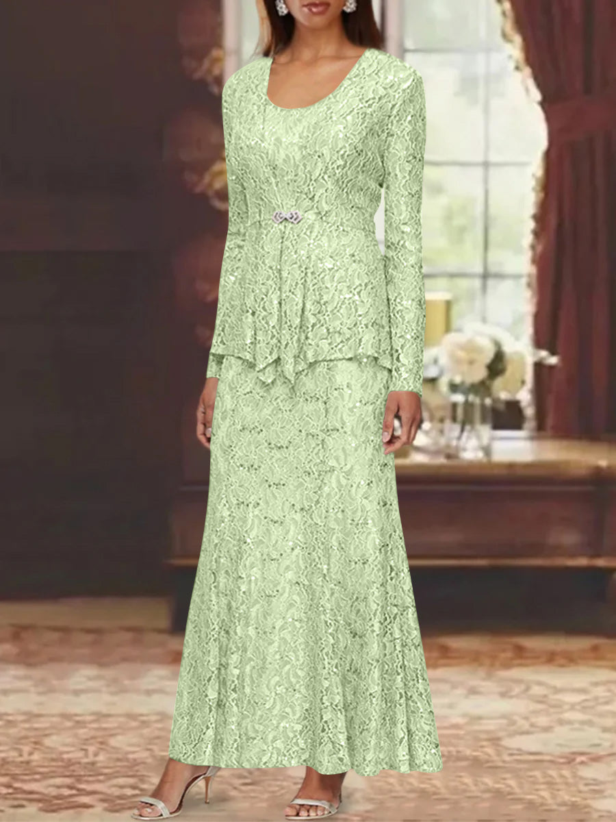 A-Line/Princess 2 Pieces Scoop Lace Mother of the Bride Dresses with Jacket Long Sleeves Ankle-Length