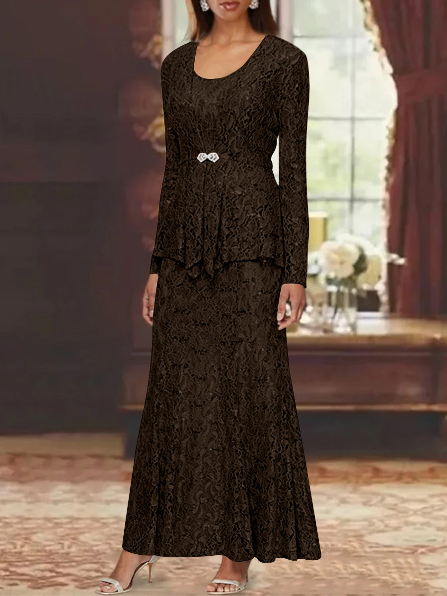 A-Line/Princess 2 Pieces Scoop Lace Mother of the Bride Dresses with Jacket Long Sleeves Ankle-Length