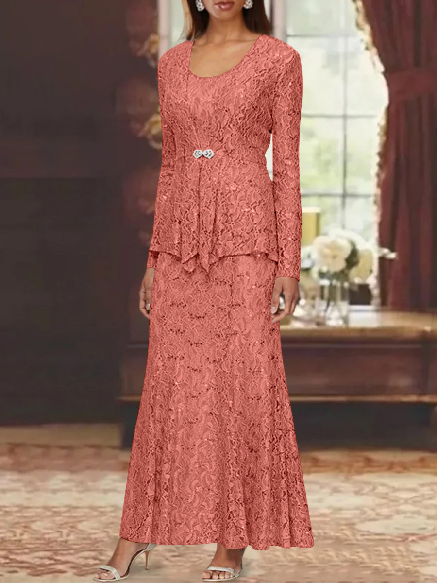 A-Line/Princess 2 Pieces Scoop Lace Mother of the Bride Dresses with Jacket Long Sleeves Ankle-Length