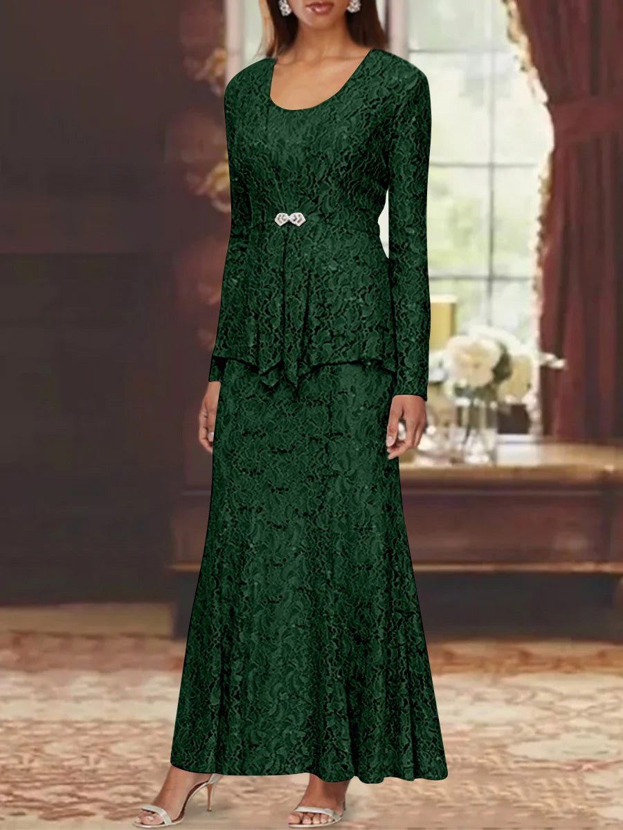 A-Line/Princess 2 Pieces Scoop Lace Mother of the Bride Dresses with Jacket Long Sleeves Ankle-Length