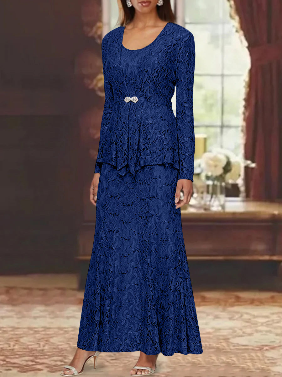 A-Line/Princess 2 Pieces Scoop Lace Mother of the Bride Dresses with Jacket Long Sleeves Ankle-Length