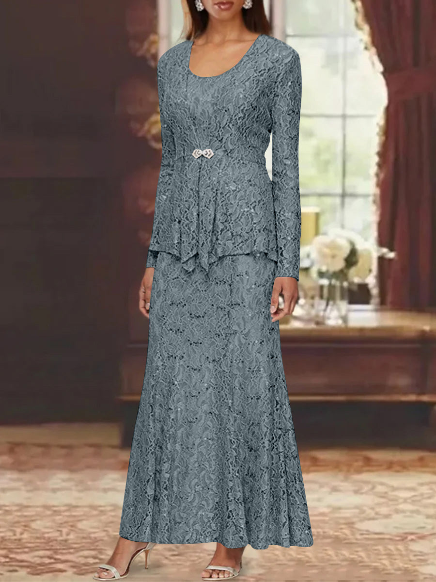 A-Line/Princess 2 Pieces Scoop Lace Mother of the Bride Dresses with Jacket Long Sleeves Ankle-Length