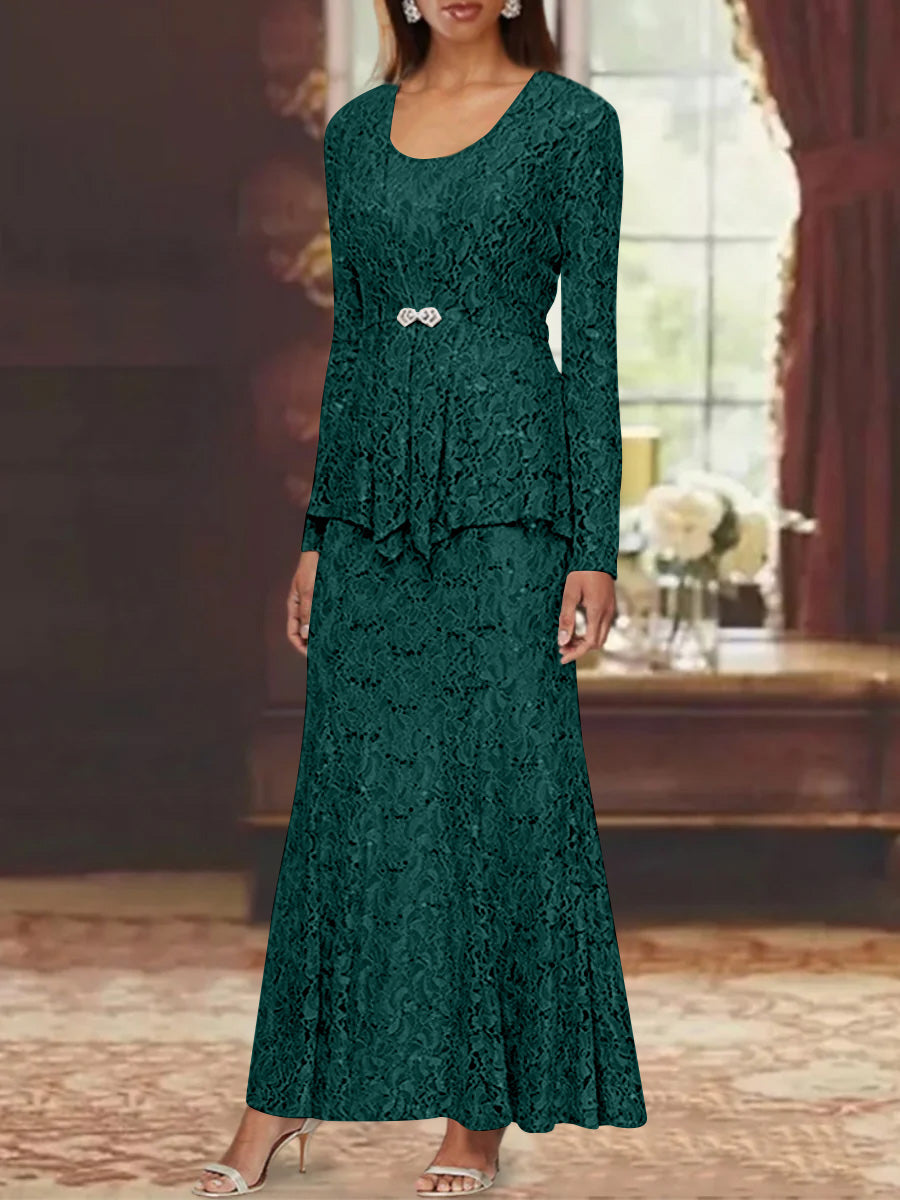 A-Line/Princess 2 Pieces Scoop Lace Mother of the Bride Dresses with Jacket Long Sleeves Ankle-Length