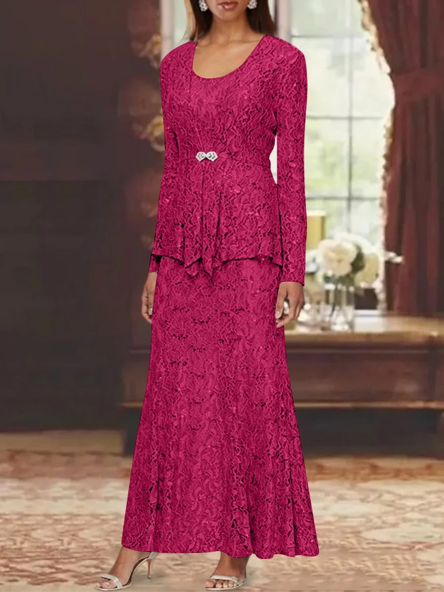 A-Line/Princess 2 Pieces Scoop Lace Mother of the Bride Dresses with Jacket Long Sleeves Ankle-Length