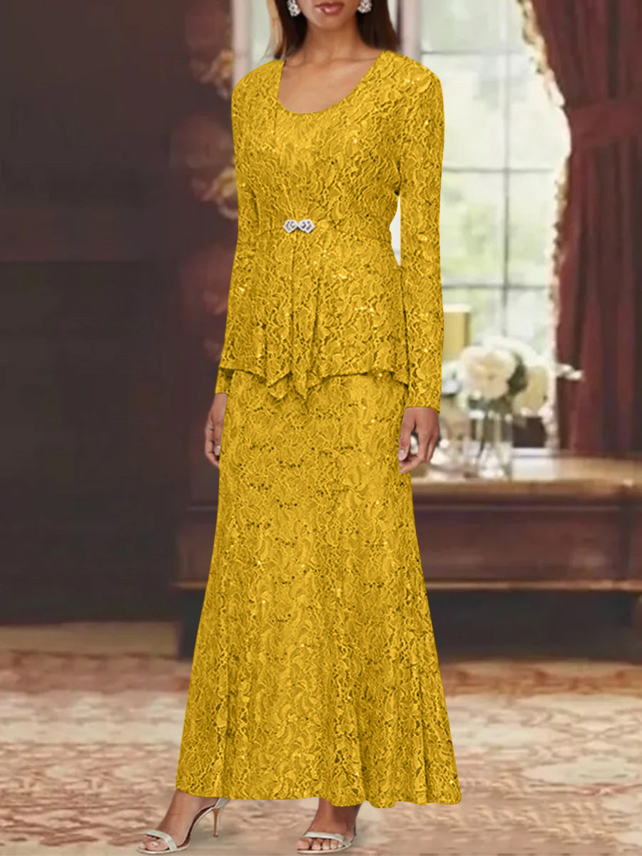 A-Line/Princess 2 Pieces Scoop Lace Mother of the Bride Dresses with Jacket Long Sleeves Ankle-Length