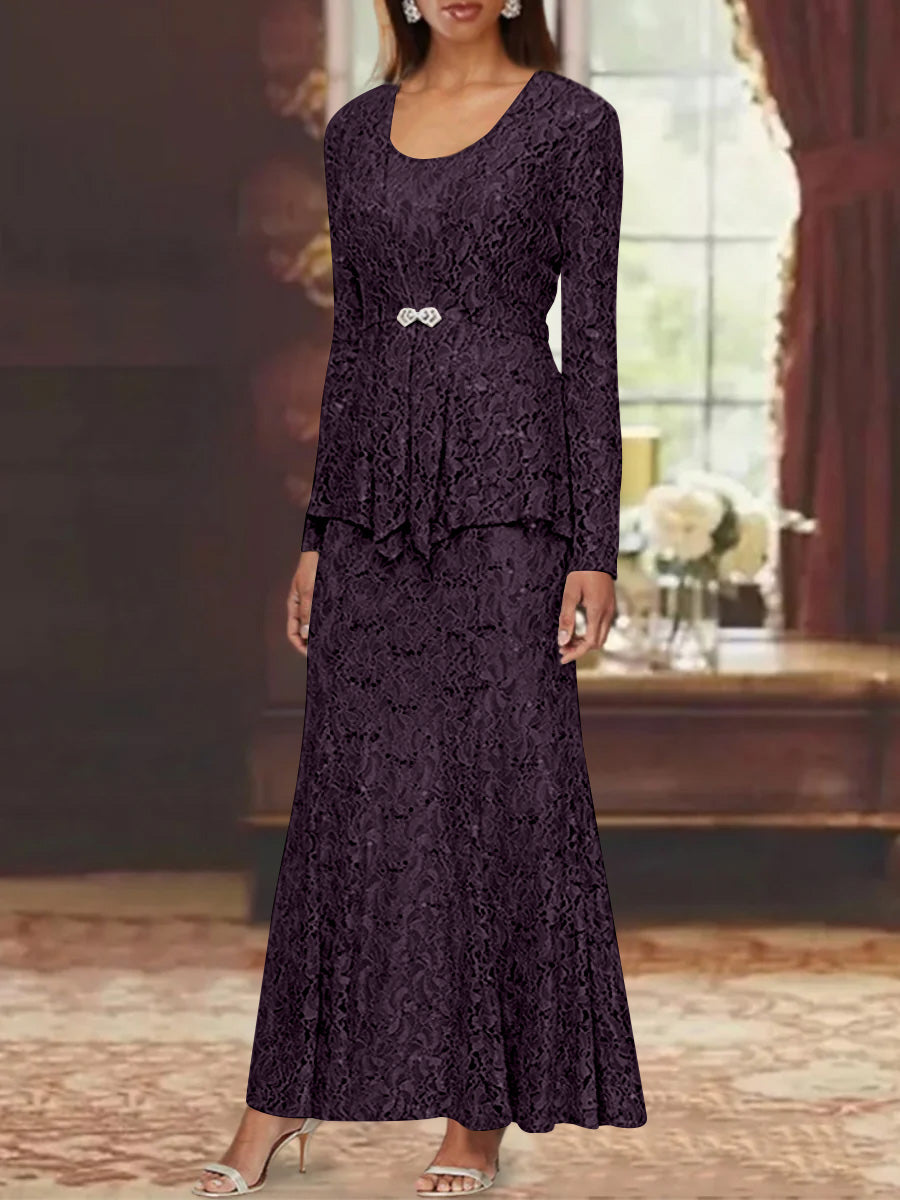A-Line/Princess 2 Pieces Scoop Lace Mother of the Bride Dresses with Jacket Long Sleeves Ankle-Length