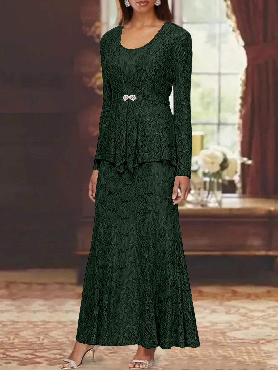 A-Line/Princess 2 Pieces Scoop Lace Mother of the Bride Dresses with Jacket Long Sleeves Ankle-Length