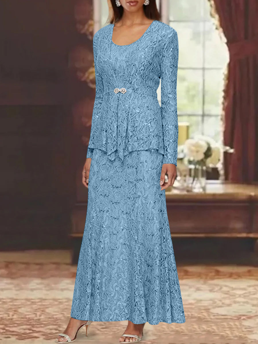 A-Line/Princess 2 Pieces Scoop Lace Mother of the Bride Dresses with Jacket Long Sleeves Ankle-Length