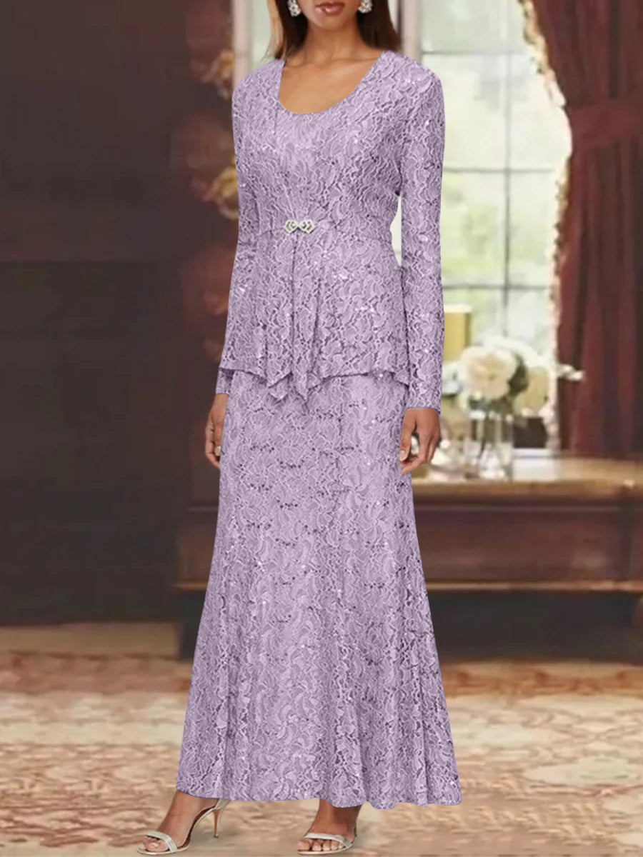 A-Line/Princess 2 Pieces Scoop Lace Mother of the Bride Dresses with Jacket Long Sleeves Ankle-Length