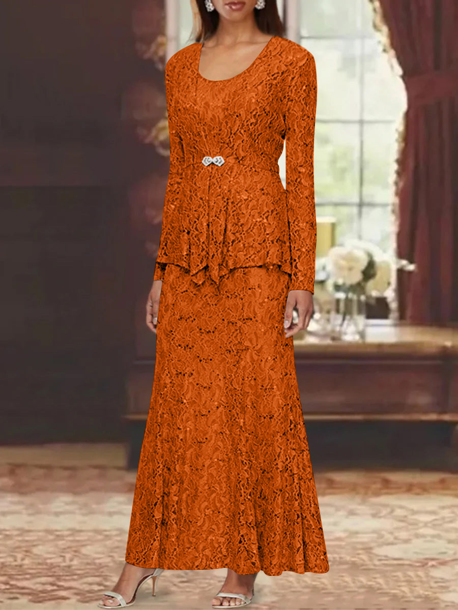 A-Line/Princess 2 Pieces Scoop Lace Mother of the Bride Dresses with Jacket Long Sleeves Ankle-Length