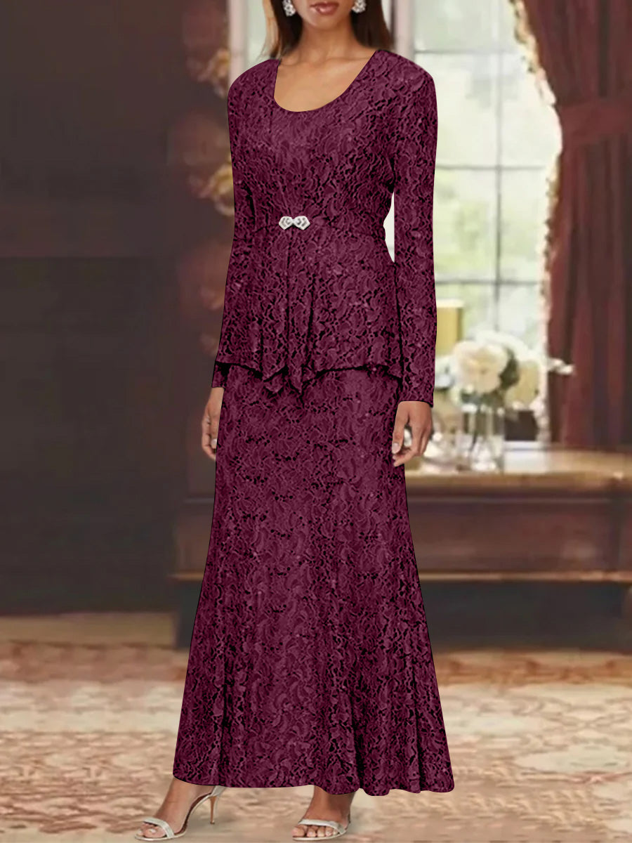 A-Line/Princess 2 Pieces Scoop Lace Mother of the Bride Dresses with Jacket Long Sleeves Ankle-Length