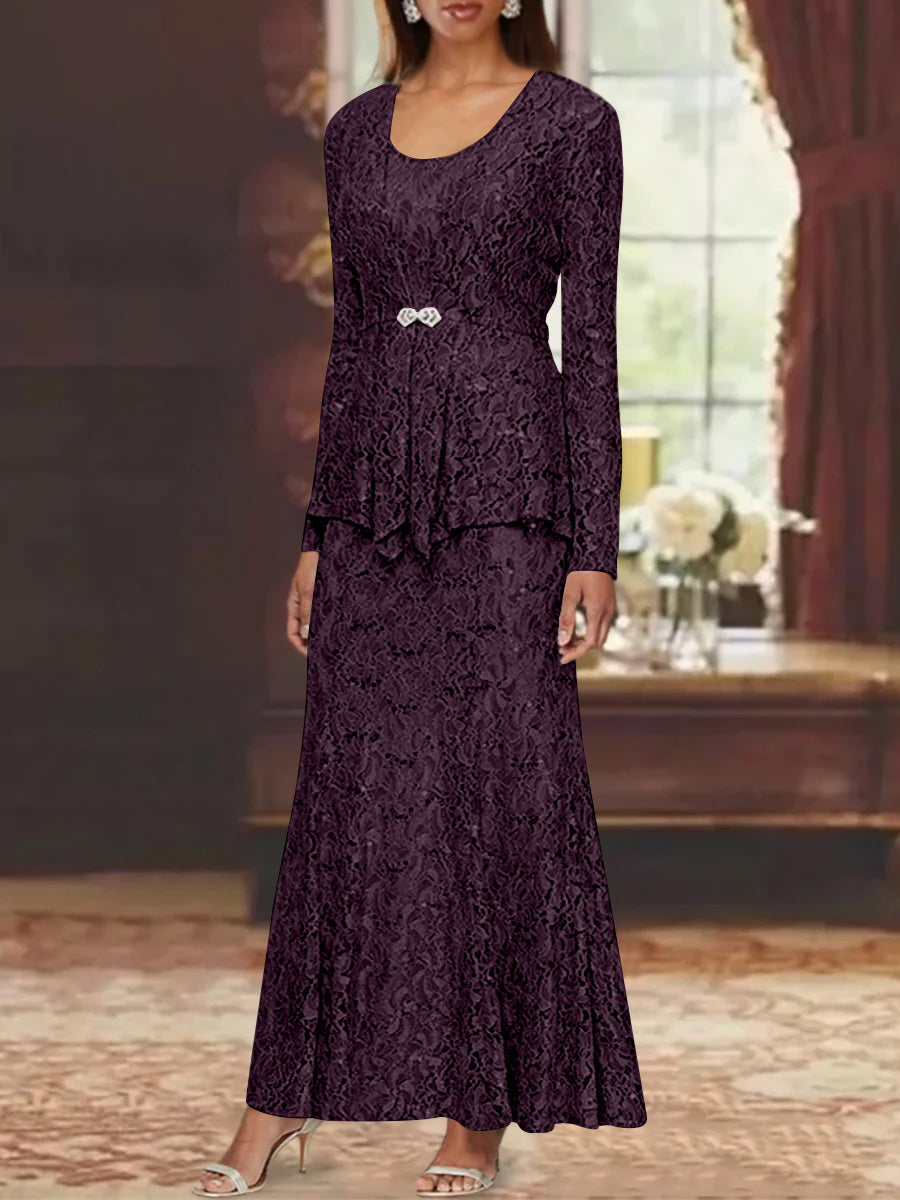 A-Line/Princess 2 Pieces Scoop Lace Mother of the Bride Dresses with Jacket Long Sleeves Ankle-Length