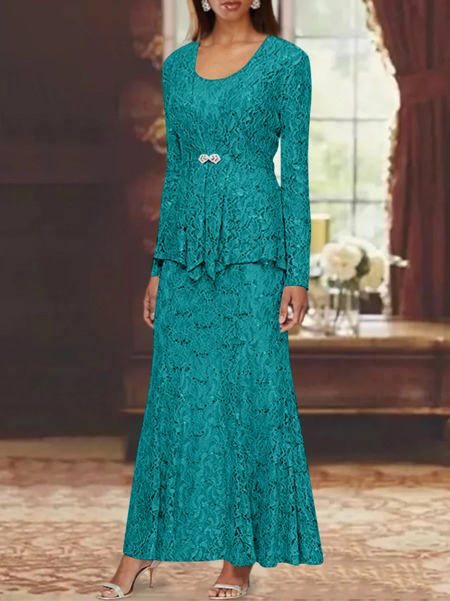 A-Line/Princess 2 Pieces Scoop Lace Mother of the Bride Dresses with Jacket Long Sleeves Ankle-Length