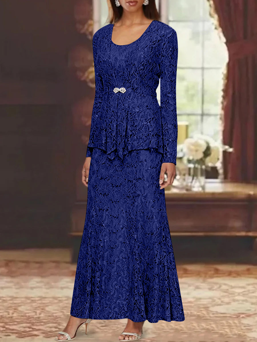 A-Line/Princess 2 Pieces Scoop Lace Mother of the Bride Dresses with Jacket Long Sleeves Ankle-Length