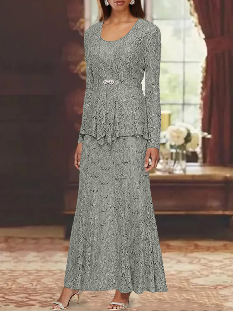A-Line/Princess 2 Pieces Scoop Lace Mother of the Bride Dresses with Jacket Long Sleeves Ankle-Length