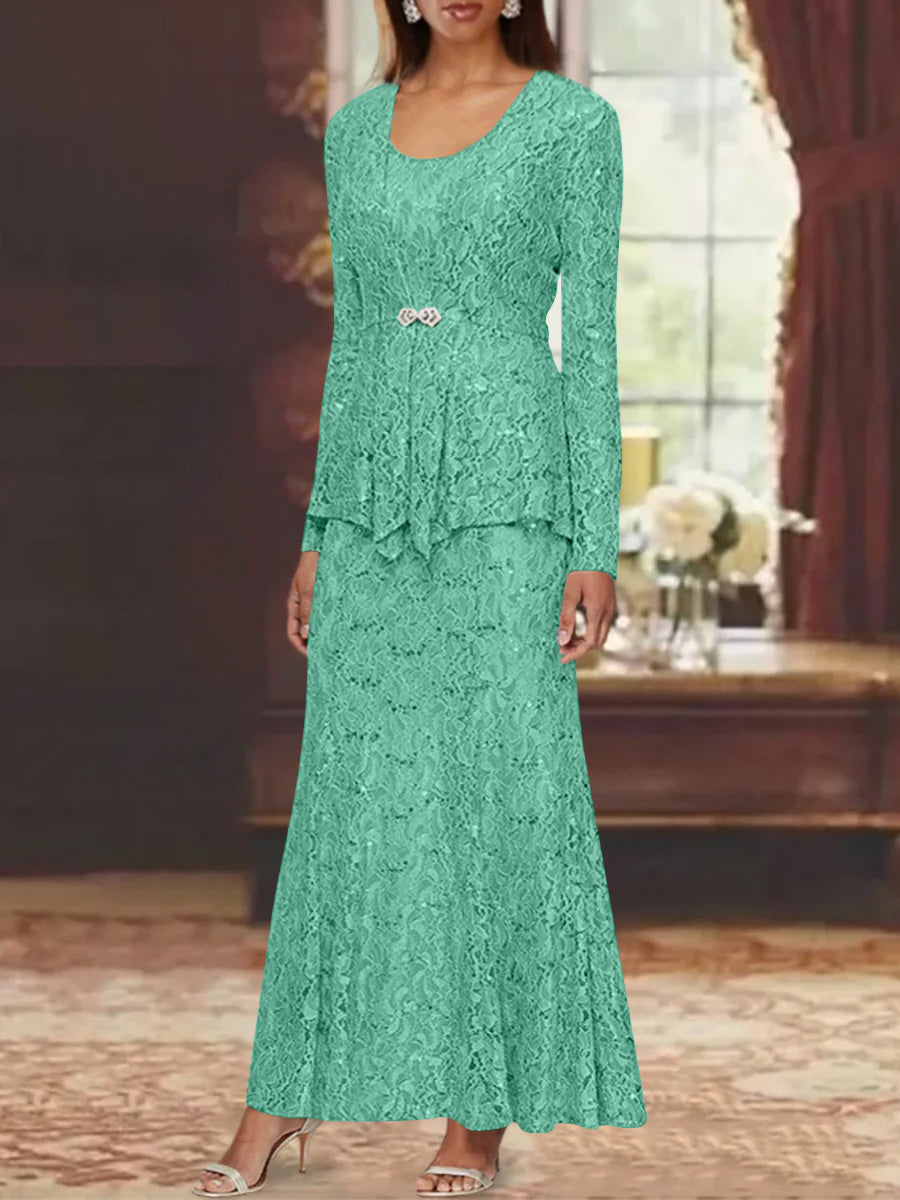 A-Line/Princess 2 Pieces Scoop Lace Mother of the Bride Dresses with Jacket Long Sleeves Ankle-Length