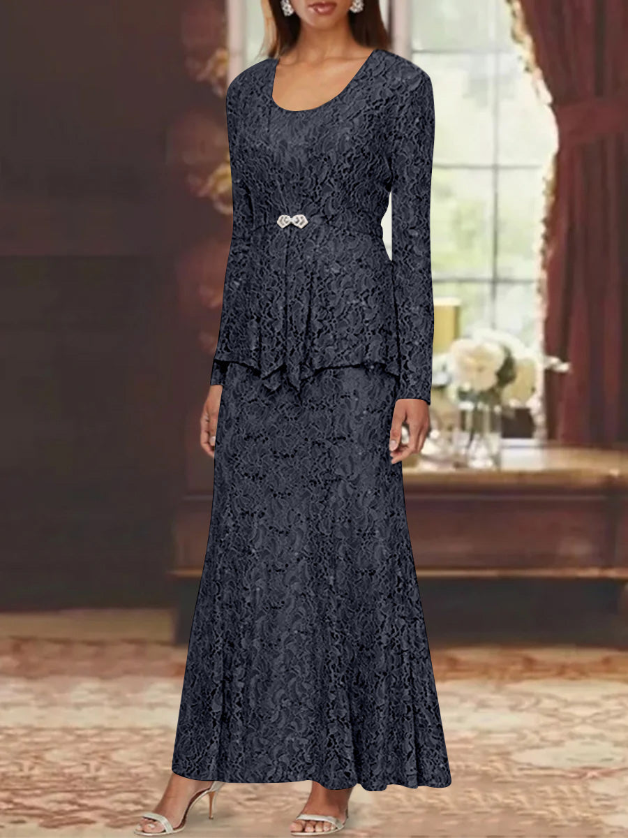 A-Line/Princess 2 Pieces Scoop Lace Mother of the Bride Dresses with Jacket Long Sleeves Ankle-Length