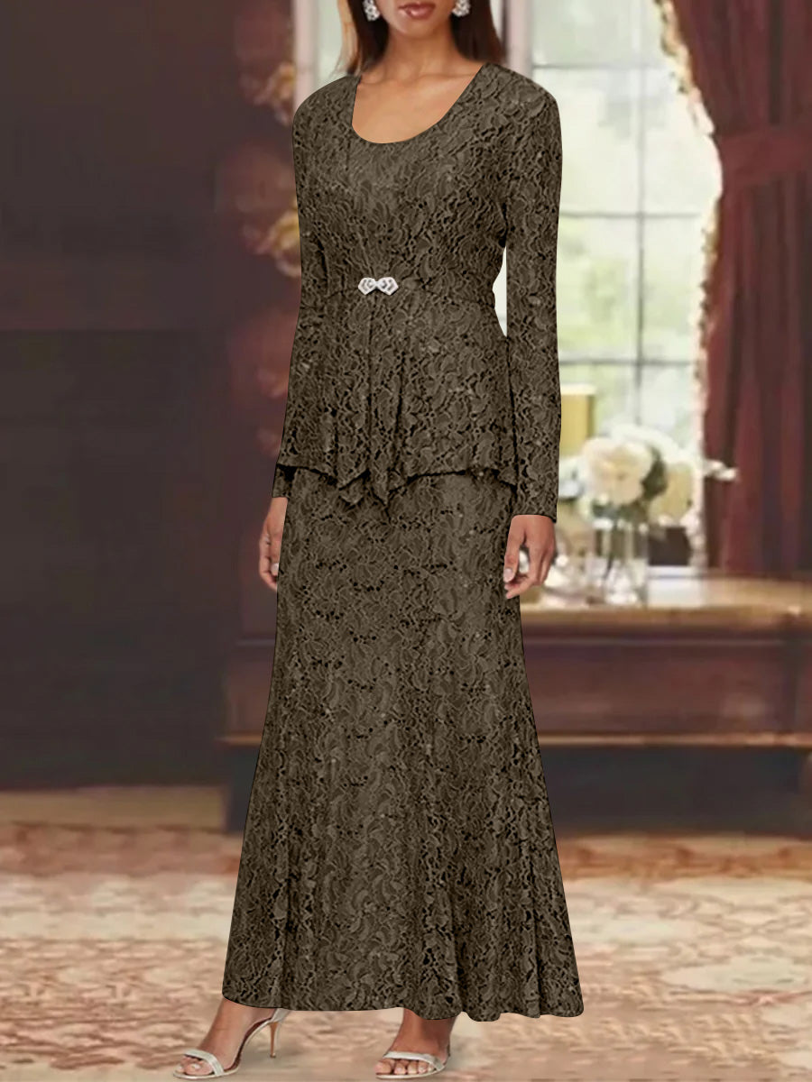 A-Line/Princess 2 Pieces Scoop Lace Mother of the Bride Dresses with Jacket Long Sleeves Ankle-Length