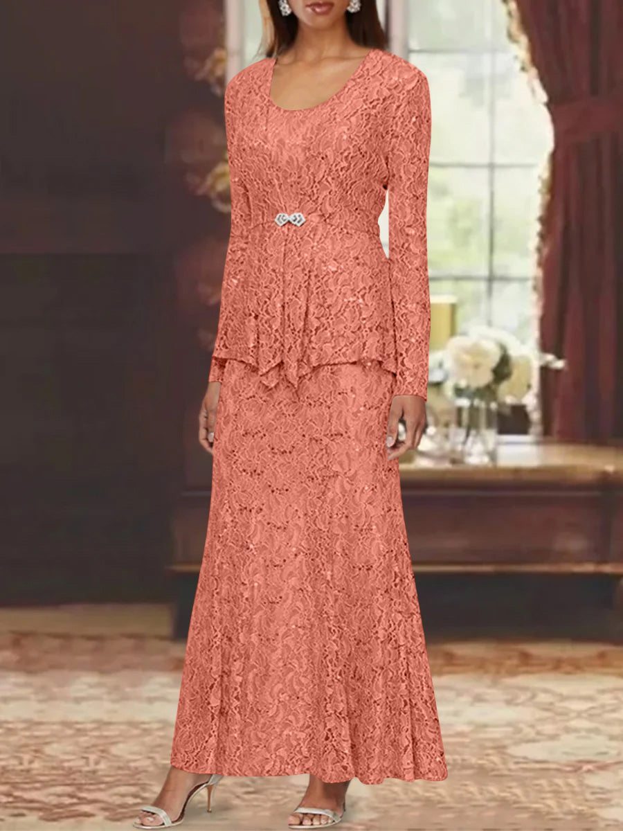 A-Line/Princess 2 Pieces Scoop Lace Mother of the Bride Dresses with Jacket Long Sleeves Ankle-Length
