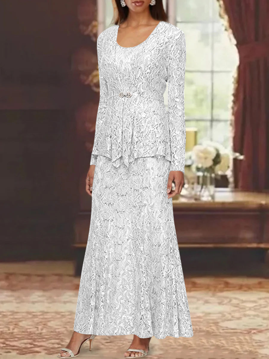 A-Line/Princess 2 Pieces Scoop Lace Mother of the Bride Dresses with Jacket Long Sleeves Ankle-Length