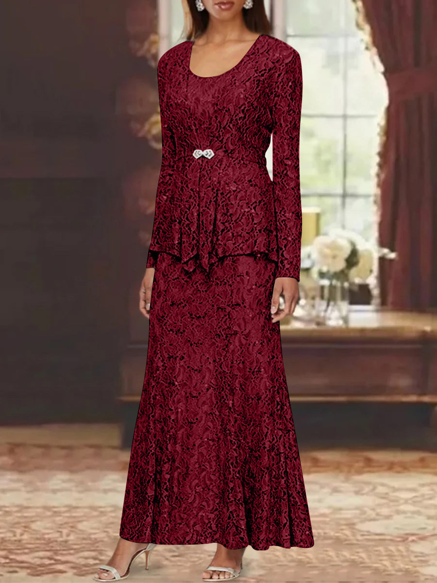 A-Line/Princess 2 Pieces Scoop Lace Mother of the Bride Dresses with Jacket Long Sleeves Ankle-Length