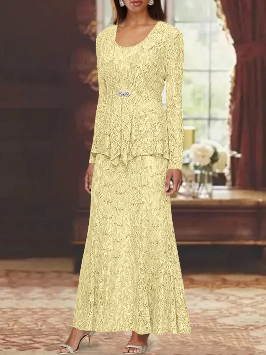 A-Line/Princess 2 Pieces Scoop Lace Mother of the Bride Dresses with Jacket Long Sleeves Ankle-Length