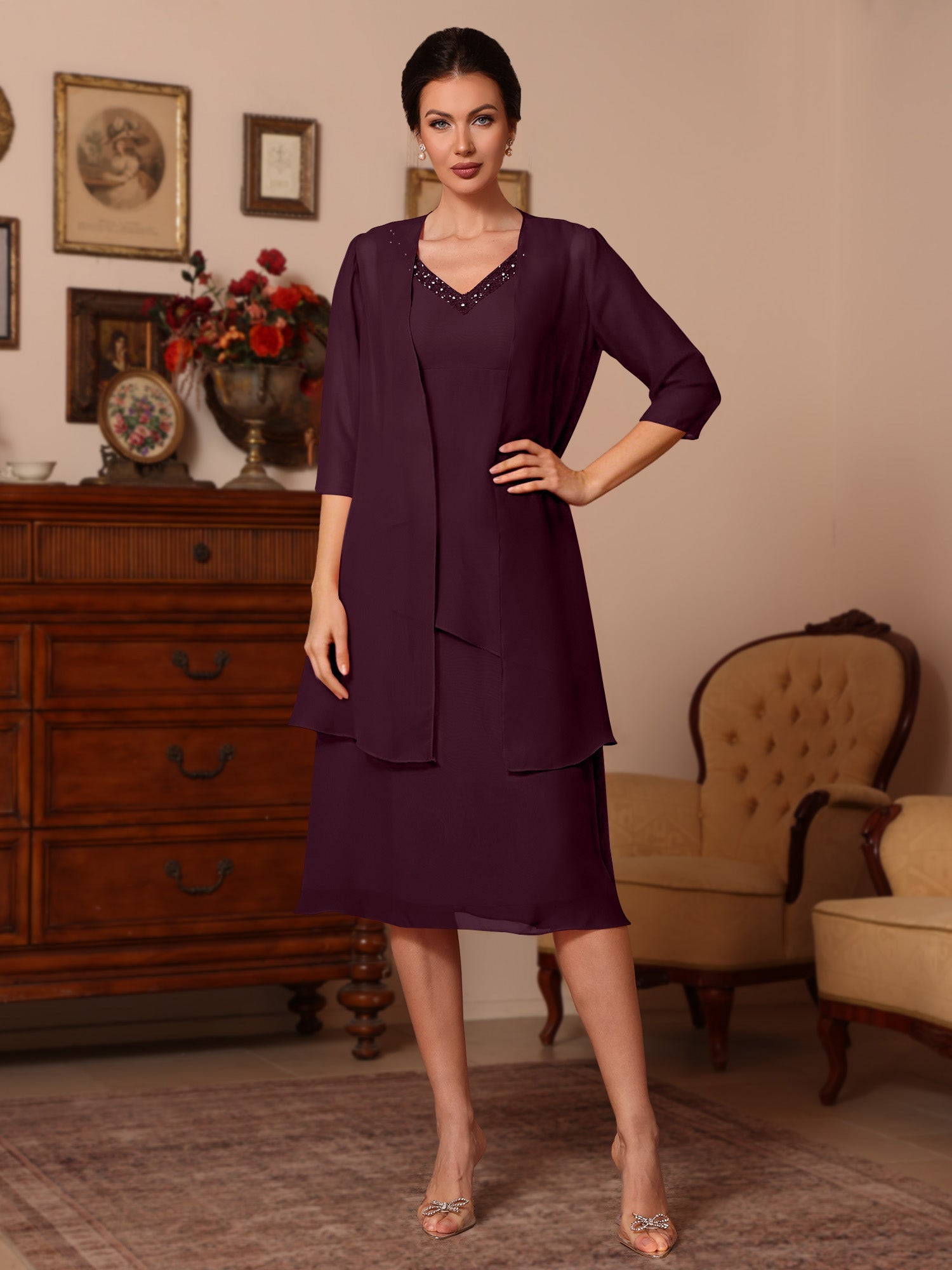 2 Pieces Sheath/Column V-Neck Chiffon Mother of the Bride Dresses with Jacket Beading Knee-Length Half Sleeves