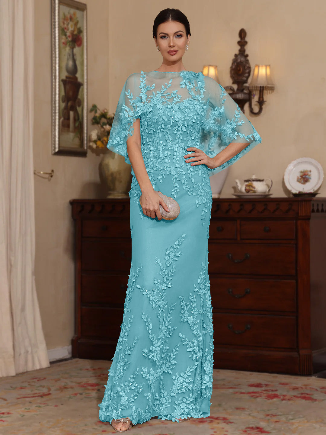 2 Pieces Sheath/Column Scoop Lace Mother of the Bride Dresses with Wrap Beading Half Sleeves Floor-Length