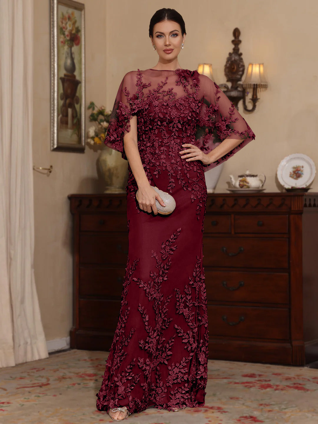 2 Pieces Sheath/Column Scoop Lace Mother of the Bride Dresses with Wrap Beading Half Sleeves Floor-Length