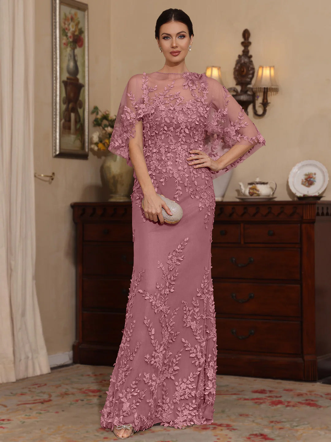 2 Pieces Sheath/Column Scoop Lace Mother of the Bride Dresses with Wrap Beading Half Sleeves Floor-Length