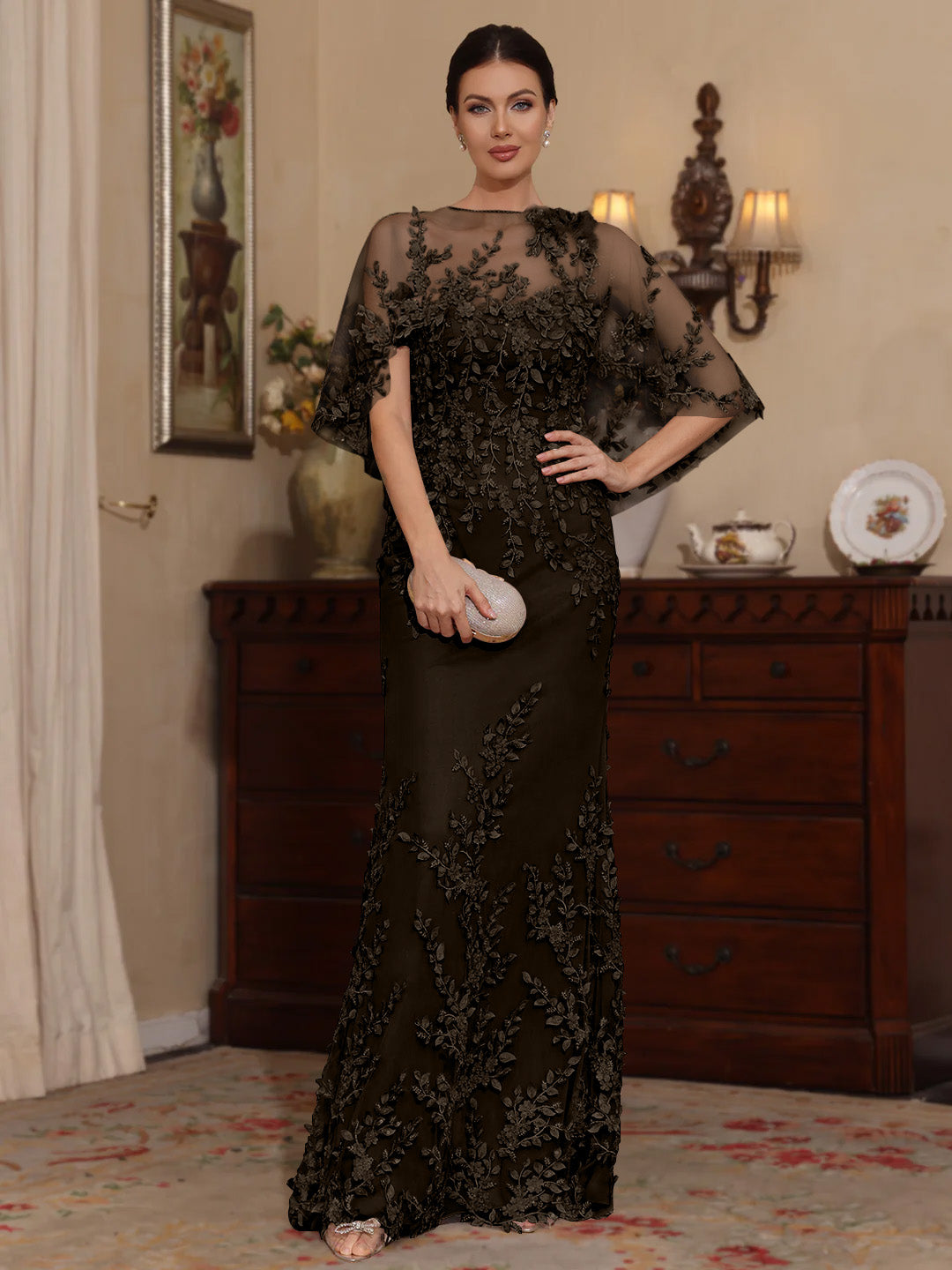 2 Pieces Sheath/Column Scoop Lace Mother of the Bride Dresses with Wrap Beading Half Sleeves Floor-Length