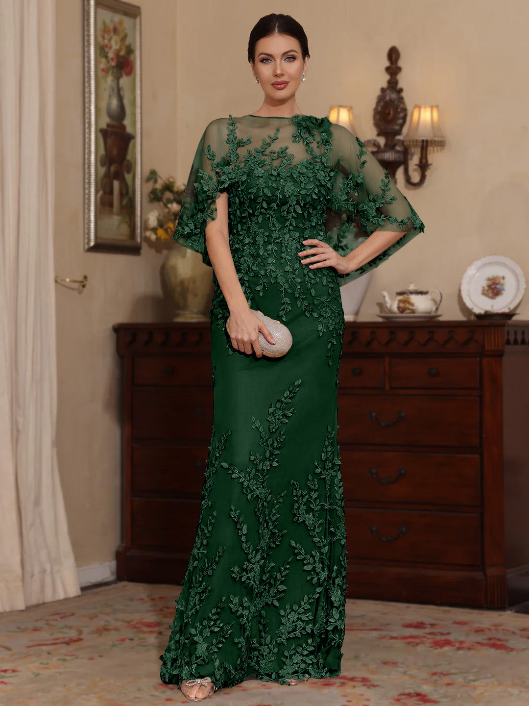 2 Pieces Sheath/Column Scoop Lace Mother of the Bride Dresses with Wrap Beading Half Sleeves Floor-Length