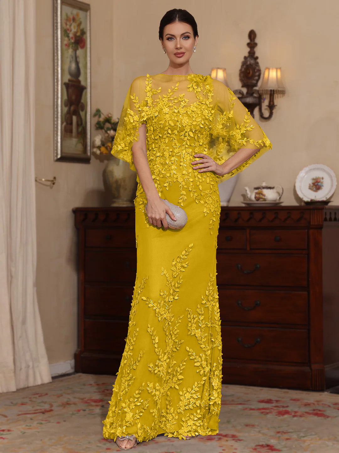 2 Pieces Sheath/Column Scoop Lace Mother of the Bride Dresses with Wrap Beading Half Sleeves Floor-Length