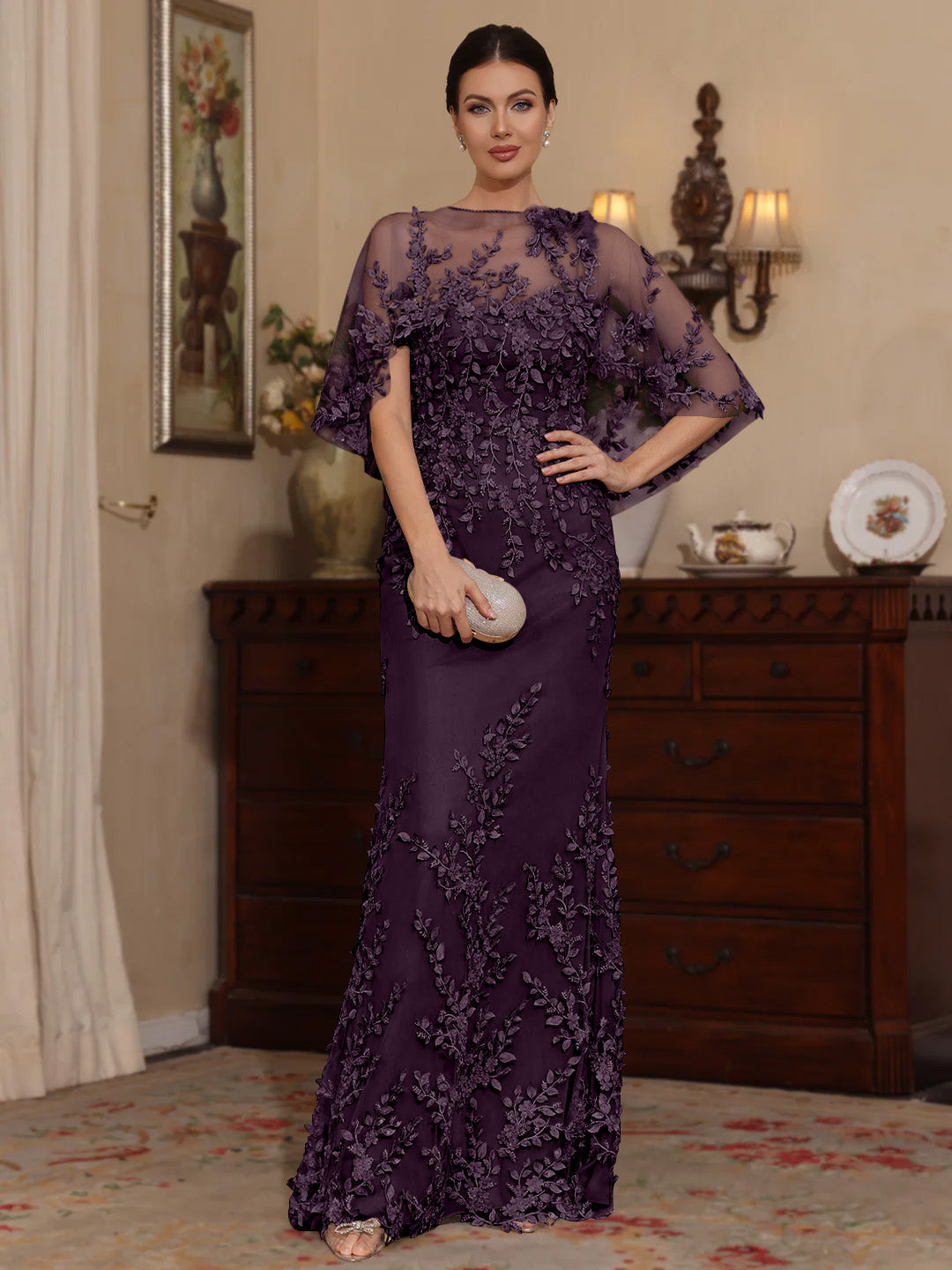 2 Pieces Sheath/Column Scoop Lace Mother of the Bride Dresses with Wrap Beading Half Sleeves Floor-Length