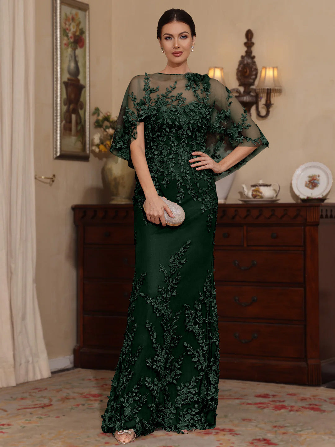 2 Pieces Sheath/Column Scoop Lace Mother of the Bride Dresses with Wrap Beading Half Sleeves Floor-Length