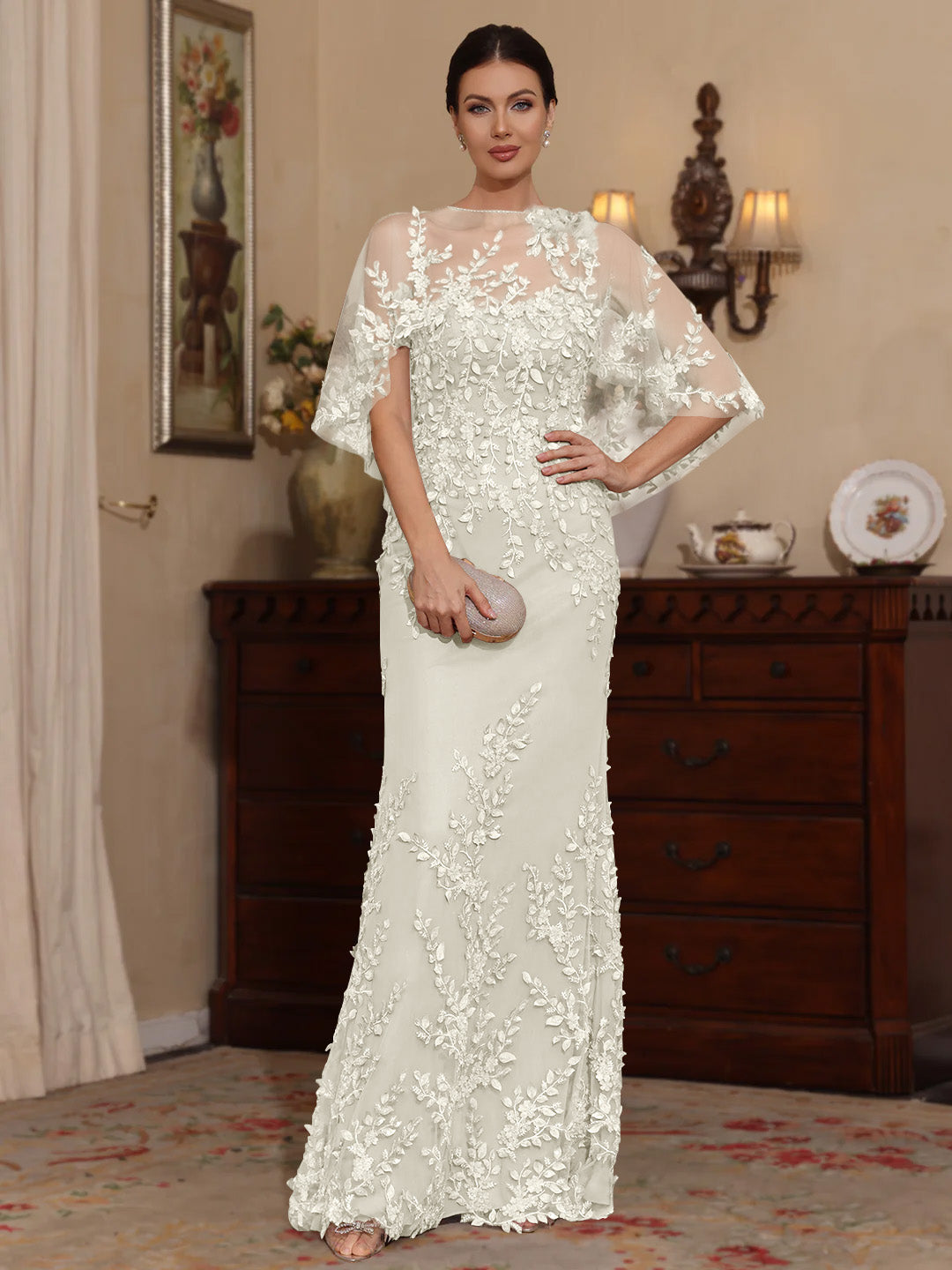 2 Pieces Sheath/Column Scoop Lace Mother of the Bride Dresses with Wrap Beading Half Sleeves Floor-Length
