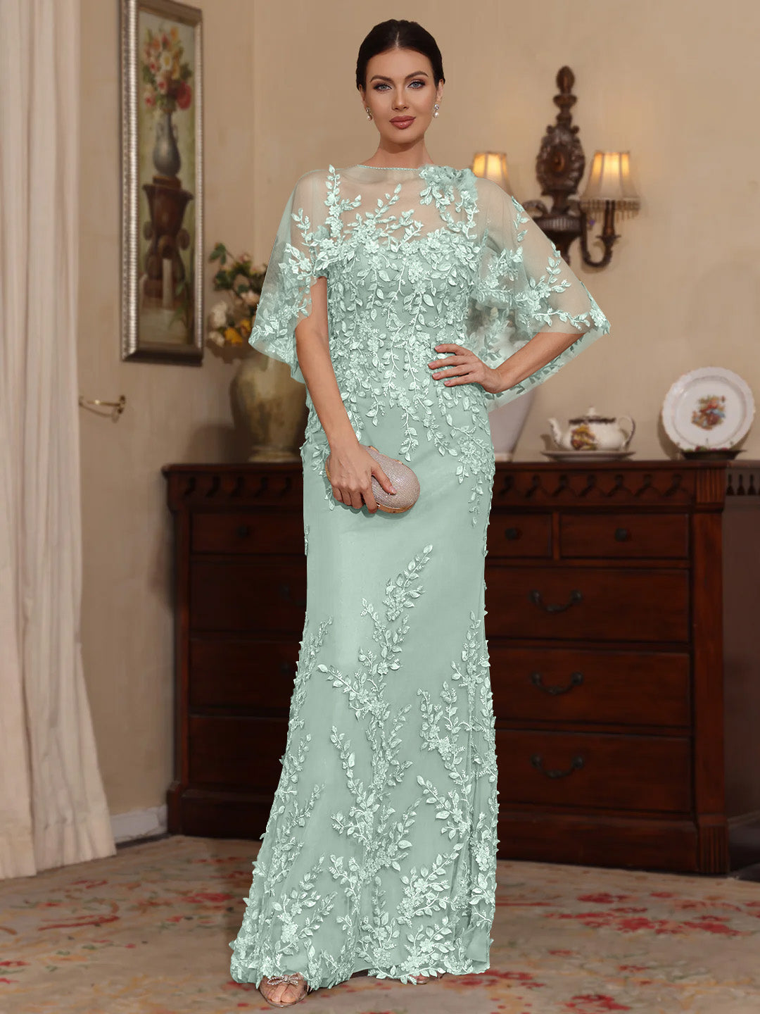 2 Pieces Sheath/Column Scoop Lace Mother of the Bride Dresses with Wrap Beading Half Sleeves Floor-Length