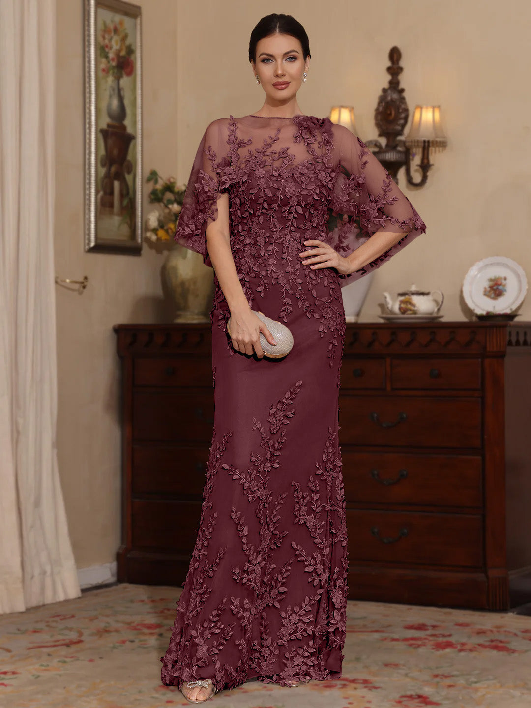 2 Pieces Sheath/Column Scoop Lace Mother of the Bride Dresses with Wrap Beading Half Sleeves Floor-Length