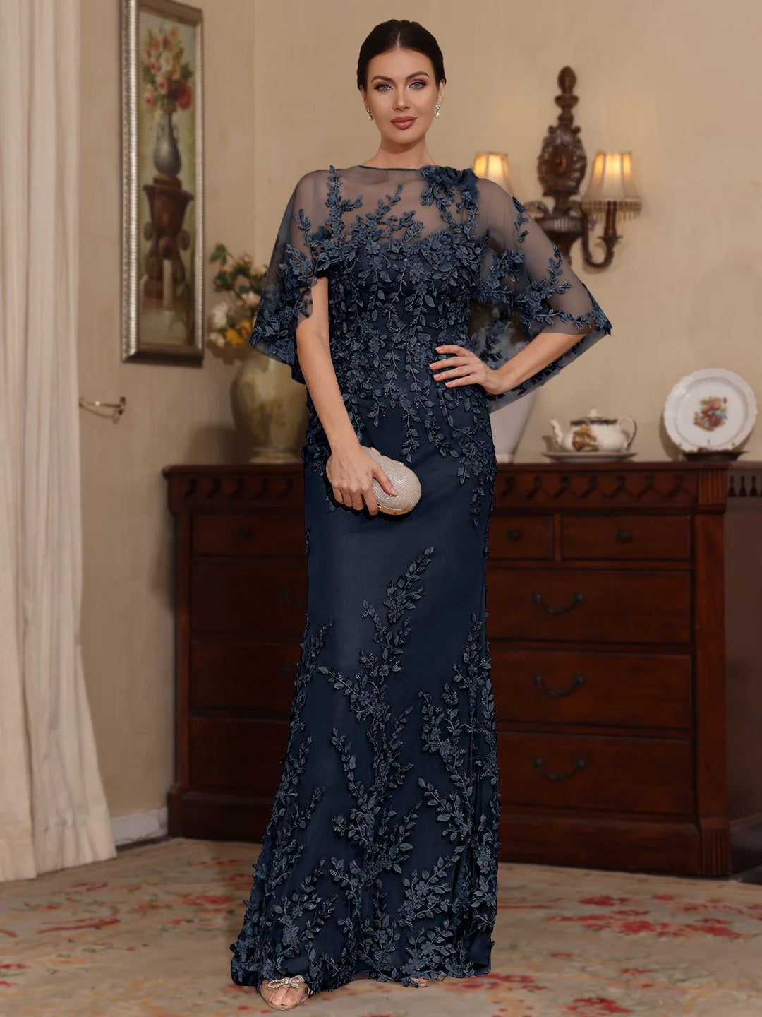 2 Pieces Sheath/Column Scoop Lace Mother of the Bride Dresses with Wrap Beading Half Sleeves Floor-Length