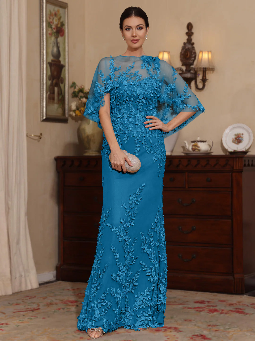 2 Pieces Sheath/Column Scoop Lace Mother of the Bride Dresses with Wrap Beading Half Sleeves Floor-Length