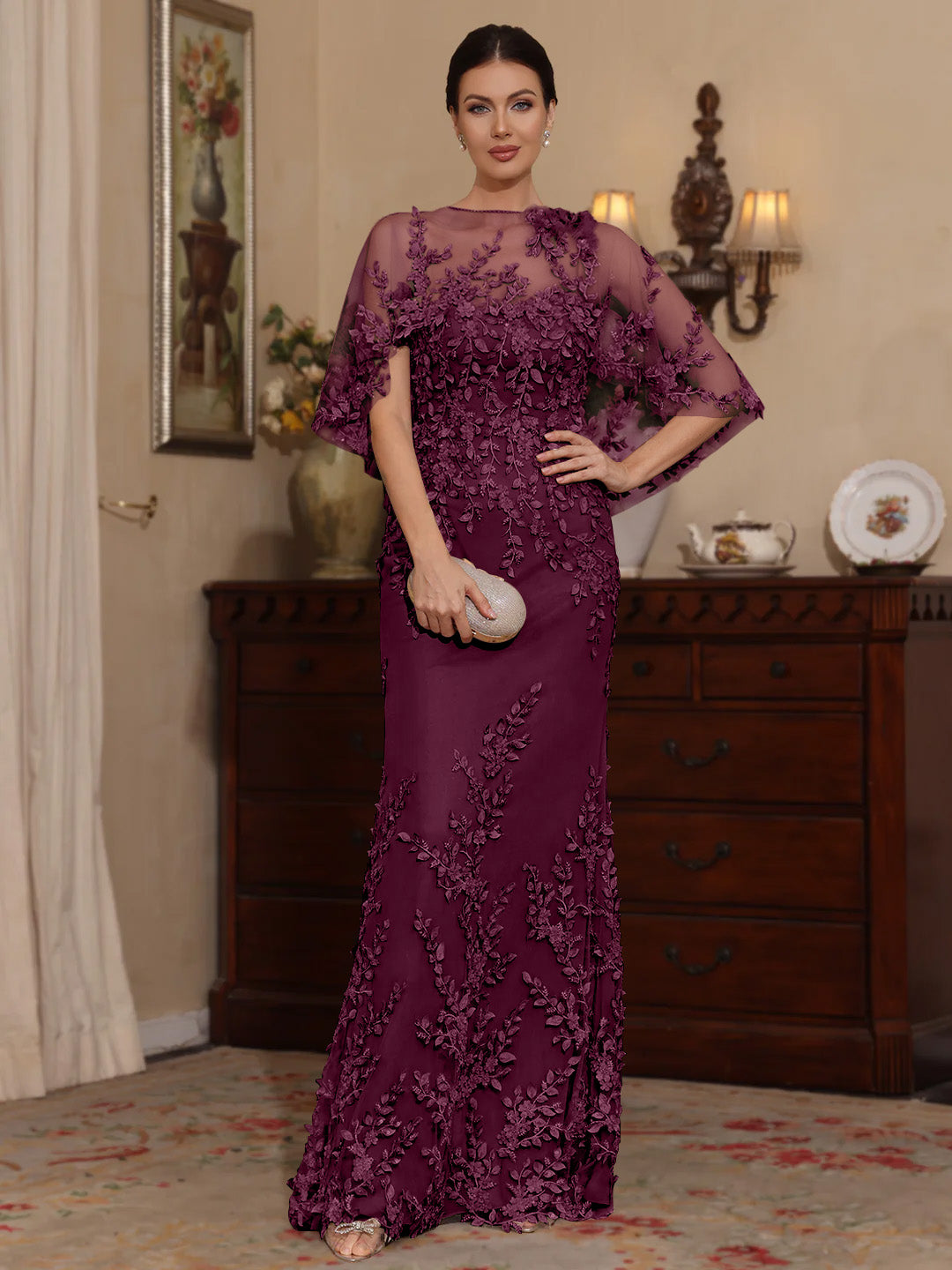 2 Pieces Sheath/Column Scoop Lace Mother of the Bride Dresses with Wrap Beading Half Sleeves Floor-Length