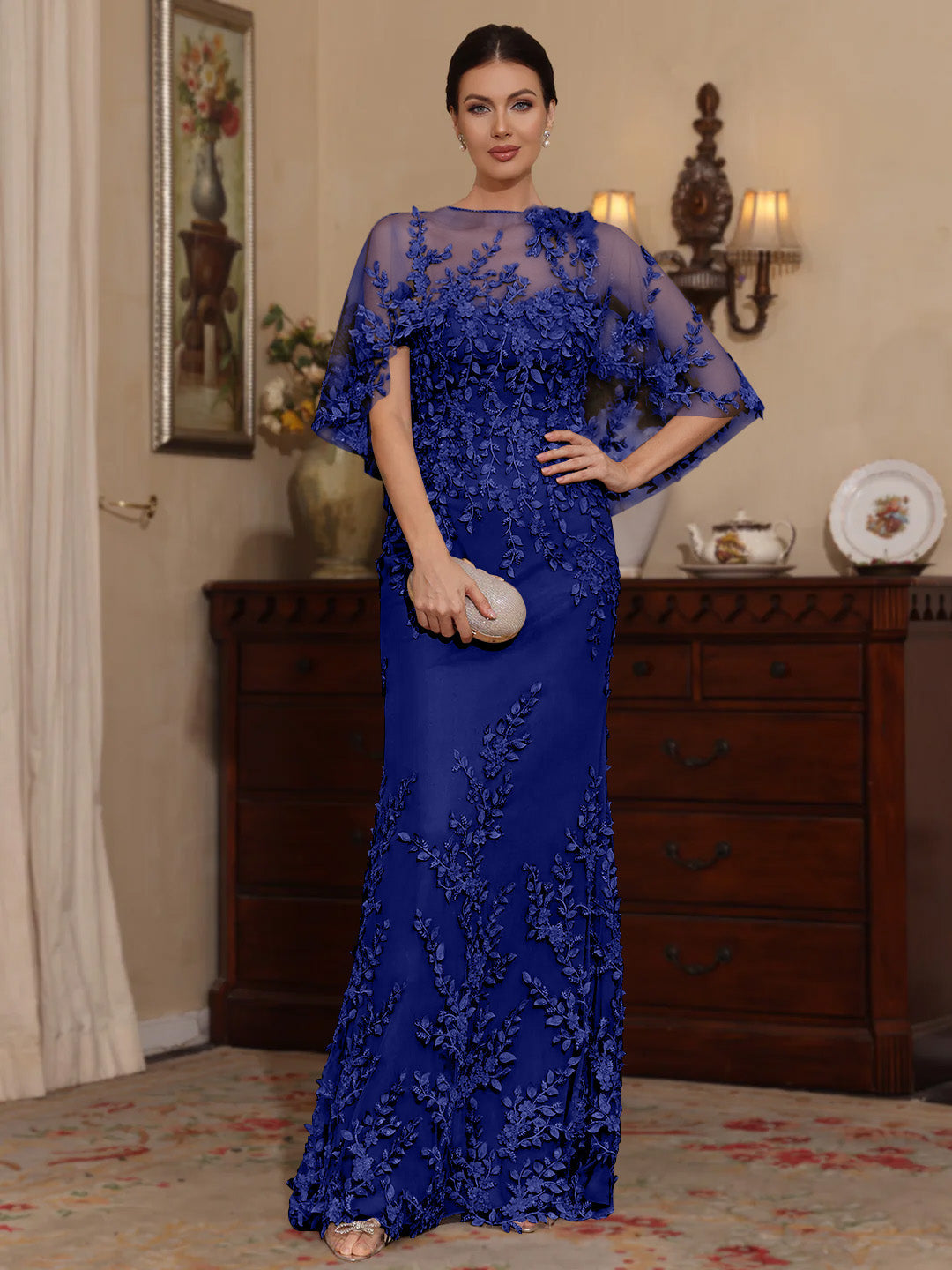 2 Pieces Sheath/Column Scoop Lace Mother of the Bride Dresses with Wrap Beading Half Sleeves Floor-Length