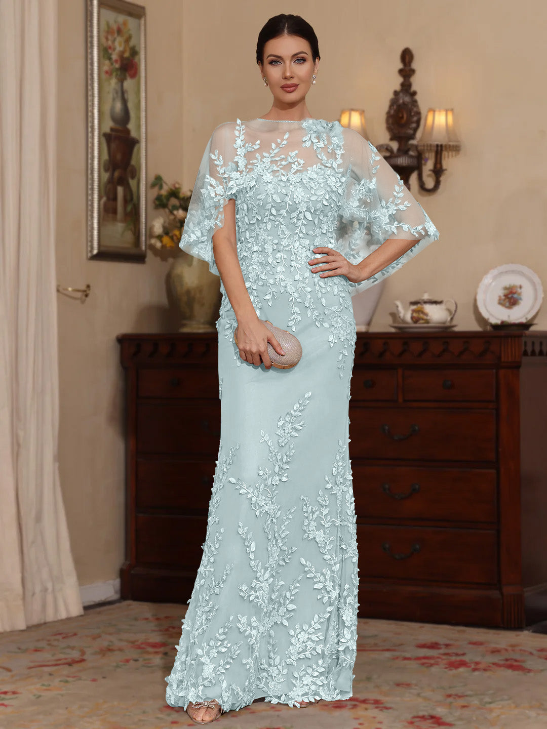 2 Pieces Sheath/Column Scoop Lace Mother of the Bride Dresses with Wrap Beading Half Sleeves Floor-Length