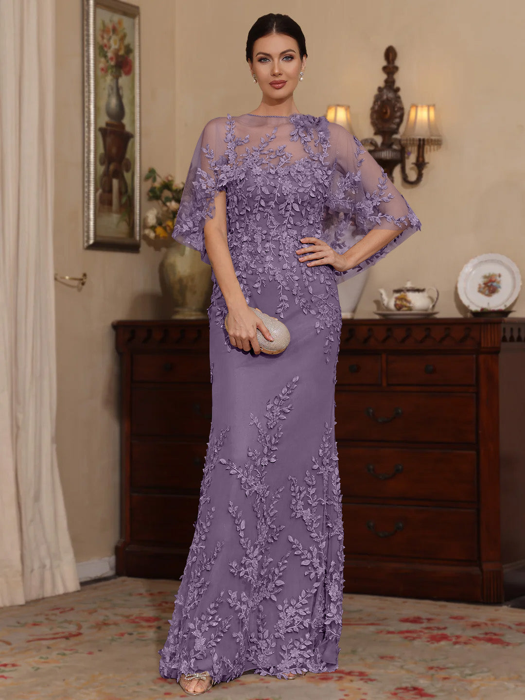 2 Pieces Sheath/Column Scoop Lace Mother of the Bride Dresses with Wrap Beading Half Sleeves Floor-Length