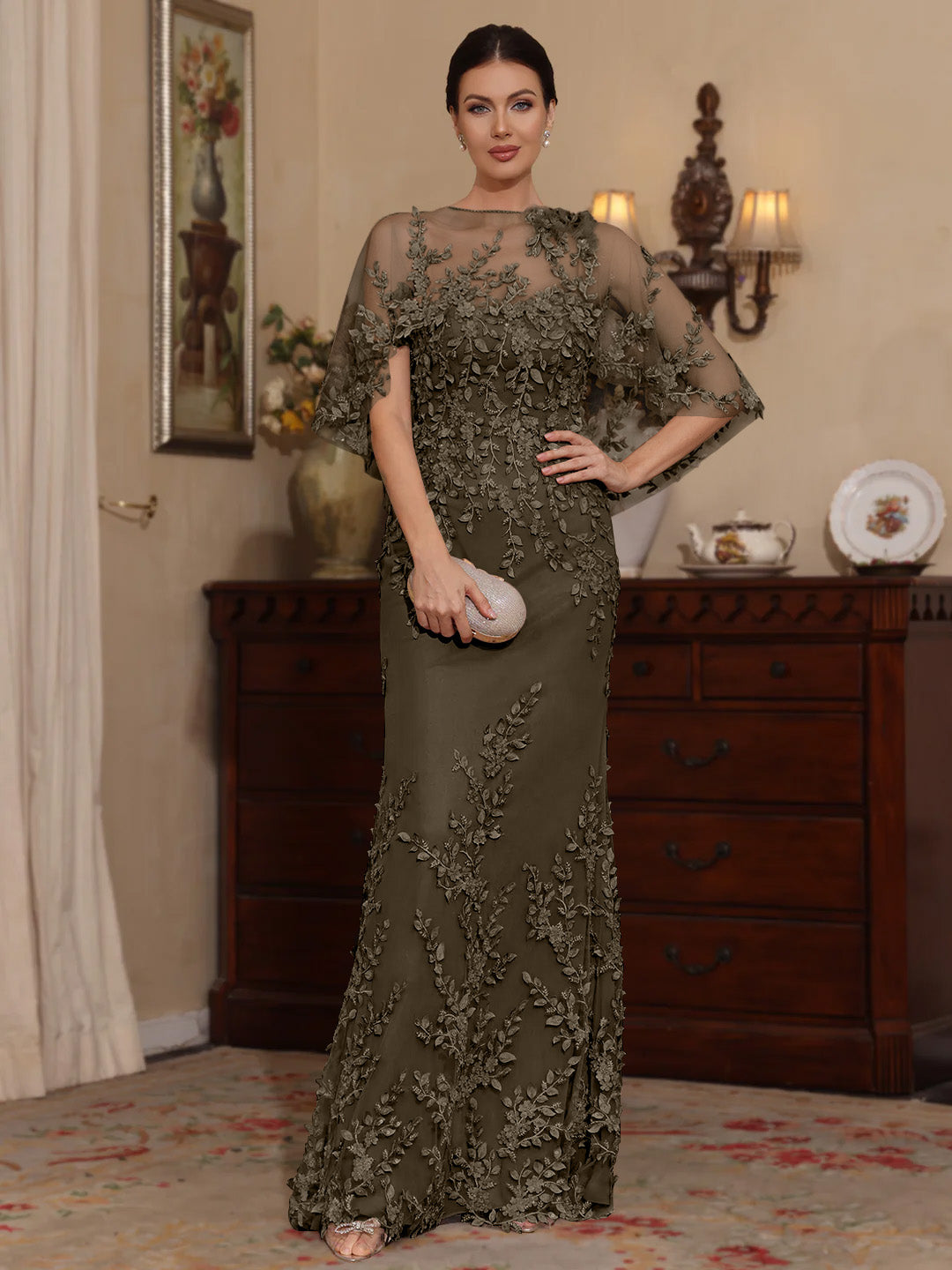 2 Pieces Sheath/Column Scoop Lace Mother of the Bride Dresses with Wrap Beading Half Sleeves Floor-Length
