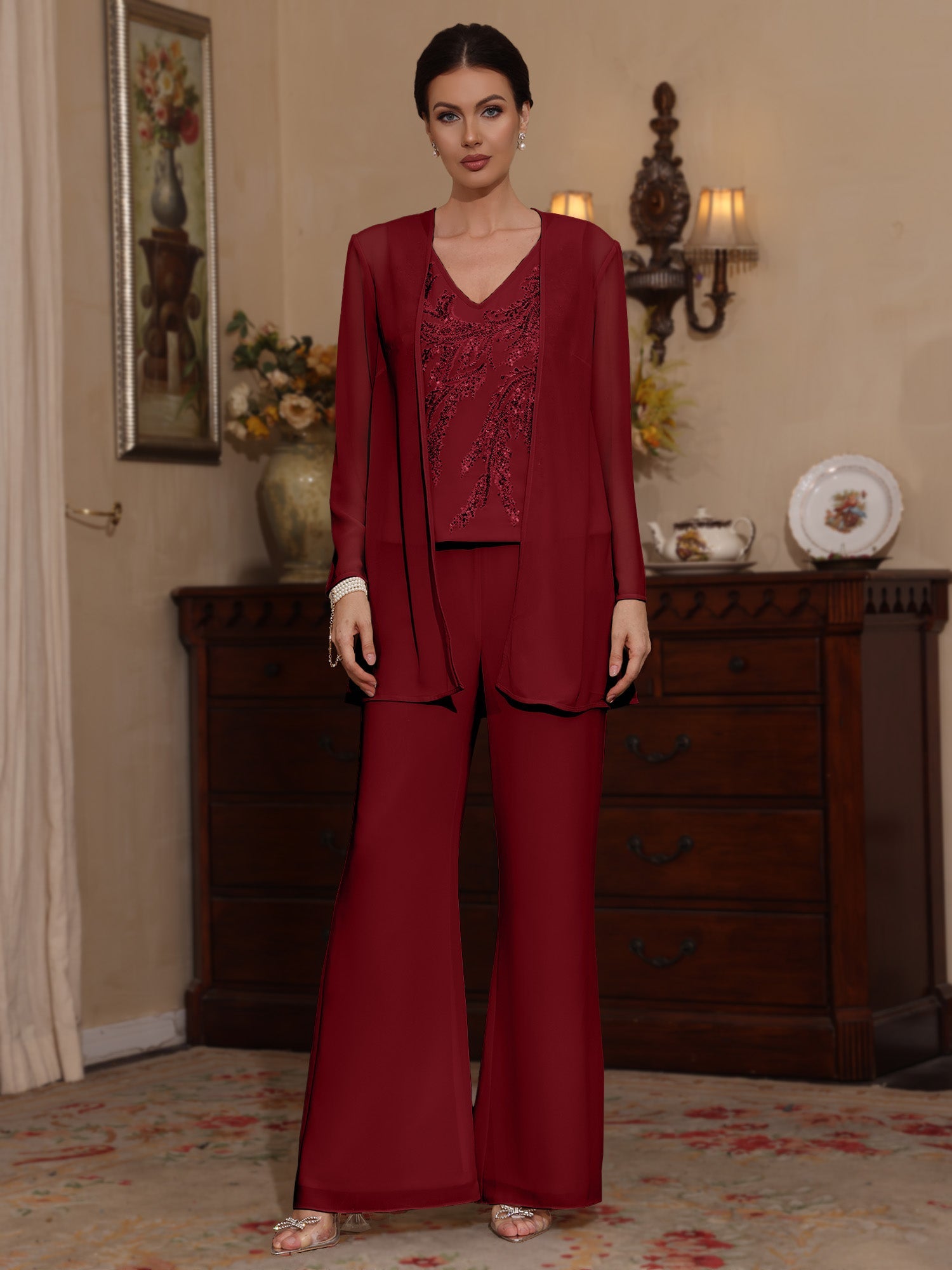 3 Pieces V-Neck Chiffon Mother of the Bride Pantsuits with Jacket Sequins Ankle-Length Long Sleeves