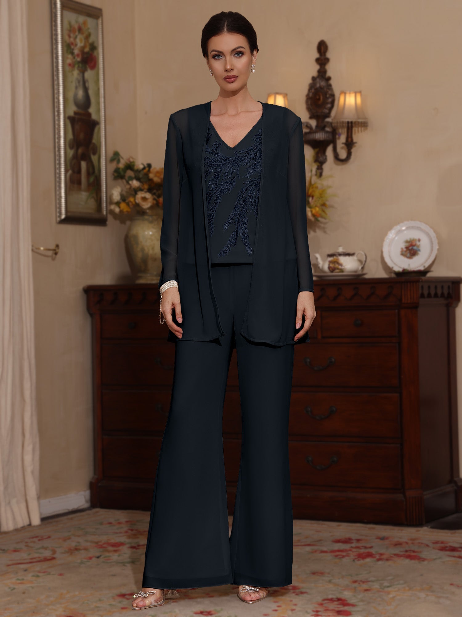 3 Pieces V-Neck Chiffon Mother of the Bride Pantsuits with Jacket Sequins Ankle-Length Long Sleeves