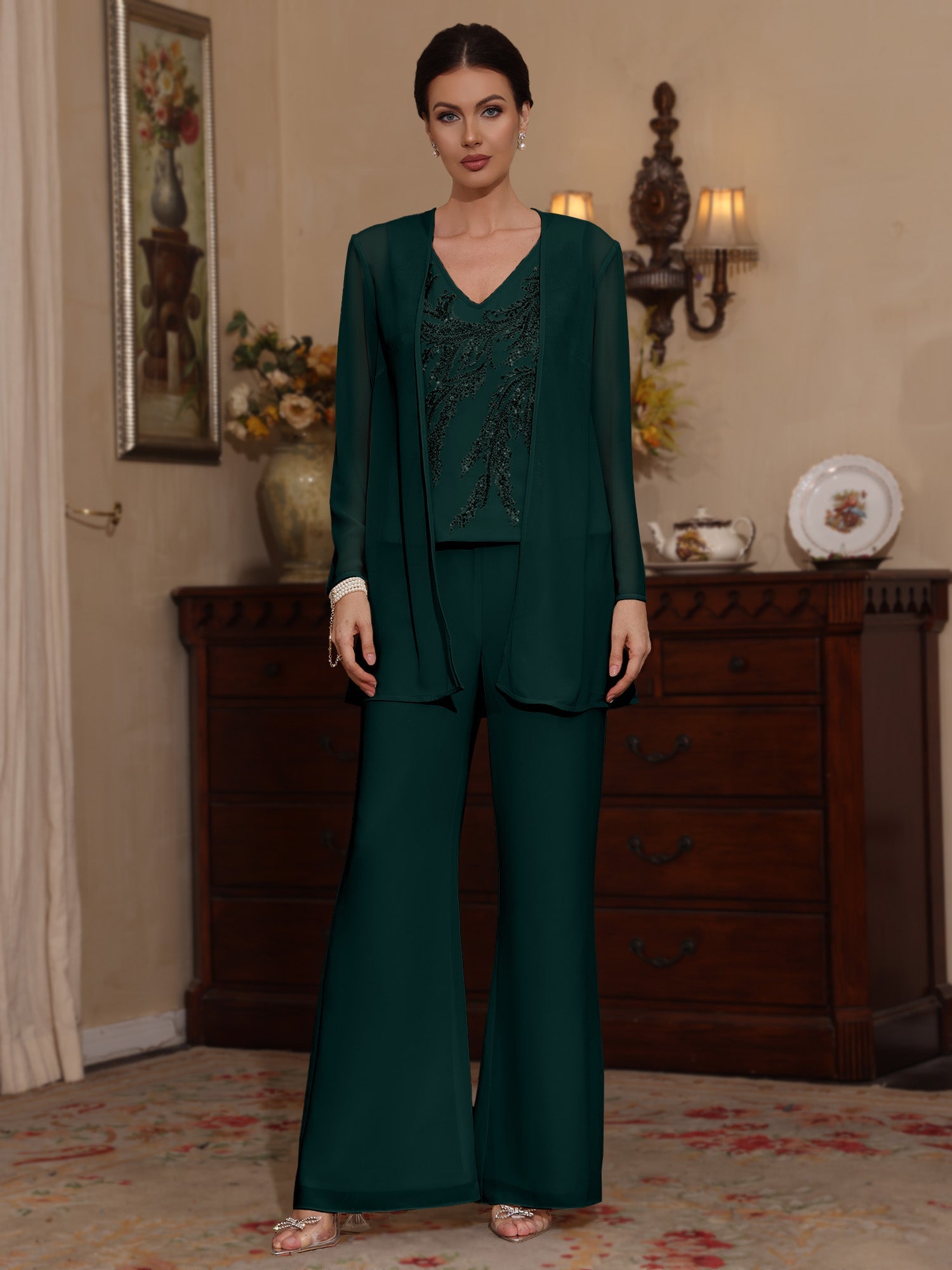 3 Pieces V-Neck Chiffon Mother of the Bride Pantsuits with Jacket Sequins Ankle-Length Long Sleeves