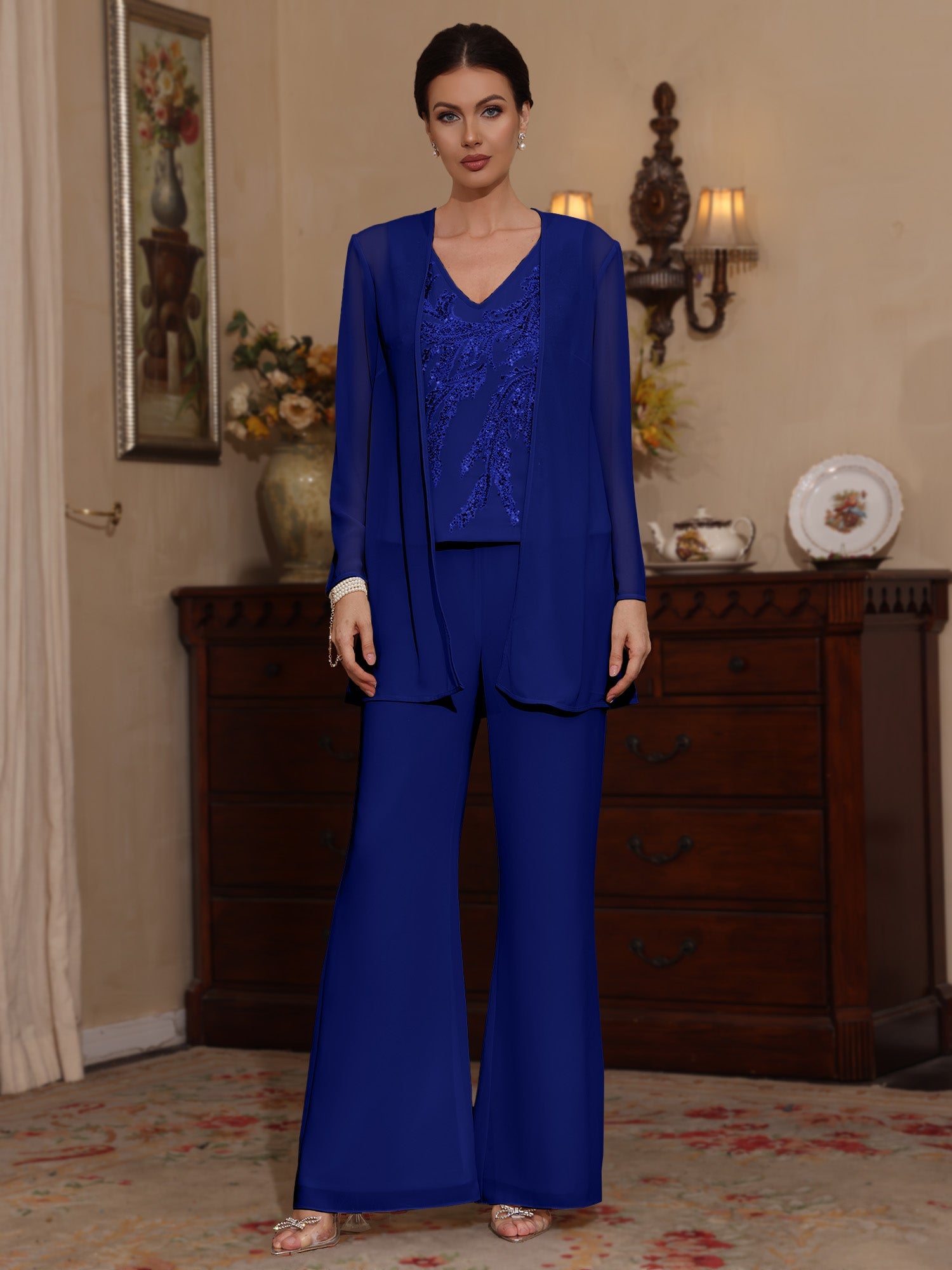 3 Pieces V-Neck Chiffon Mother of the Bride Pantsuits with Jacket Sequins Ankle-Length Long Sleeves